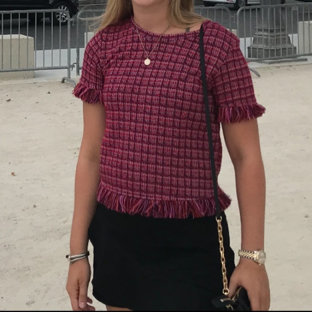 Zara pink tweed top with fringe